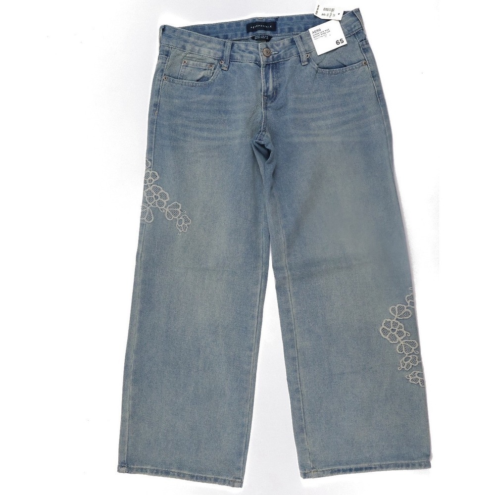 Aeropostale Jeans Super Low Rise Baggy Wide Leg Blue Floral Crochet 6S NWT